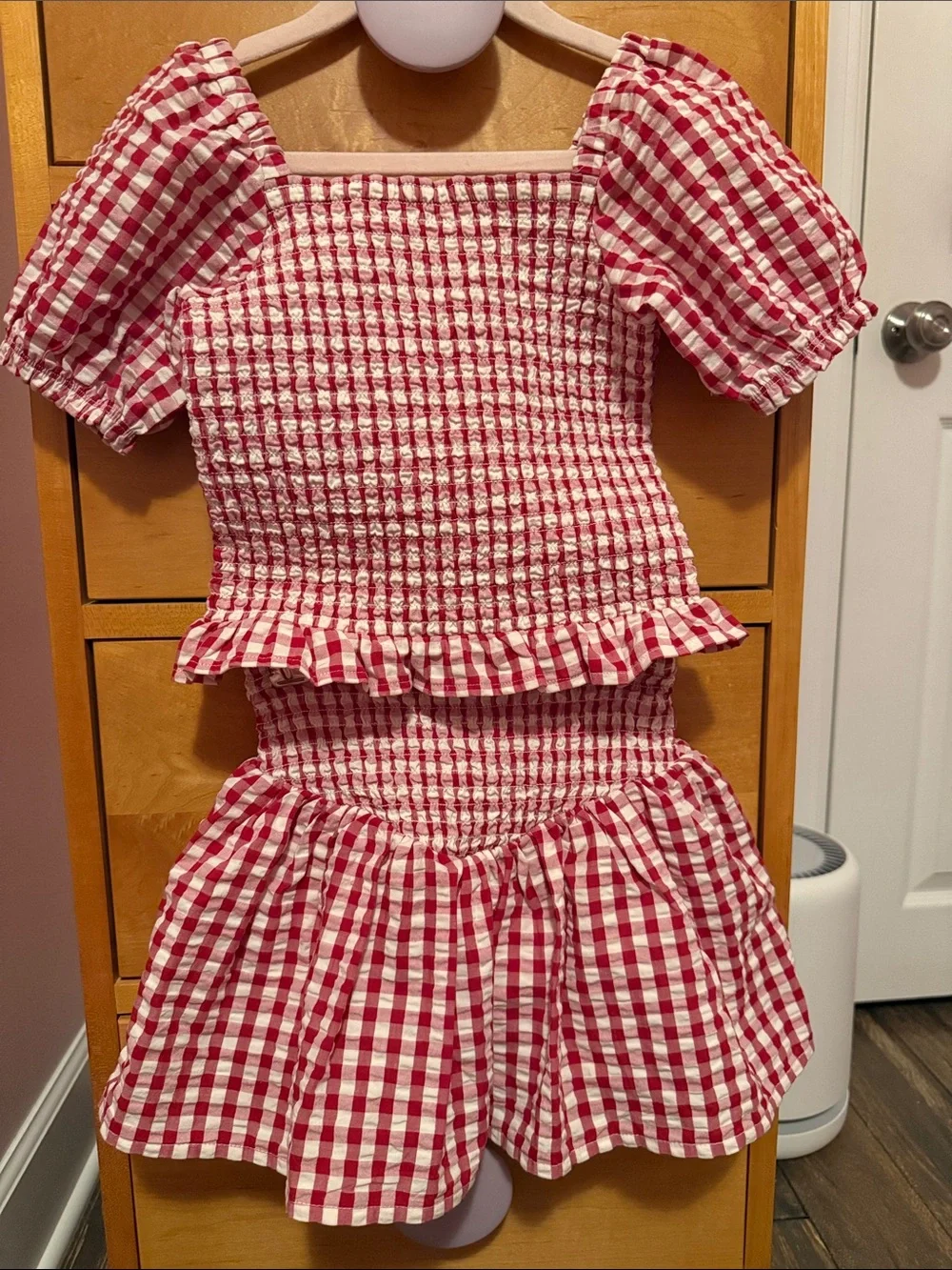 Red Gingham Smocked Two-Piece Set for Girls Size 7 - Puff Sleeve Top & Skirt